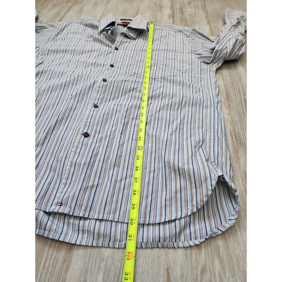Tommy Hilfiger 80s 2 Ply Fabric Button Up Shirt Blue Brown White Stripe Sz L EUC - Picture 7 of 9